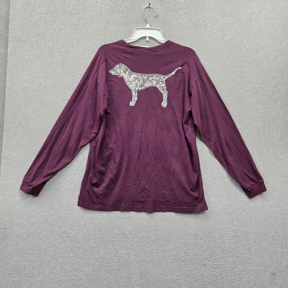 PINK Victoria's Secret Women Shirt M Purple Sequins Bling Dog Logo Embroidered
